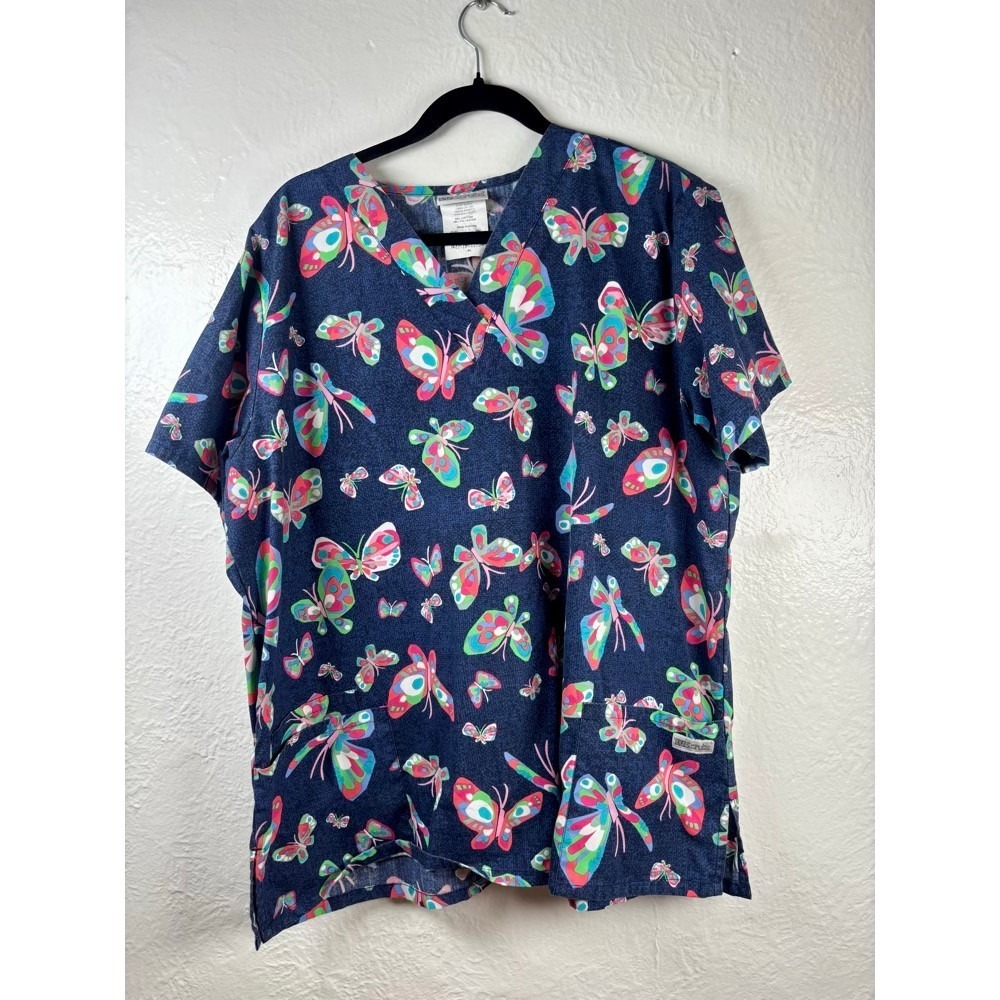 UA Scrubs Scrub Top Navy Blue XL Butterfly Nurse Vet Dental Pediatric Healthcare